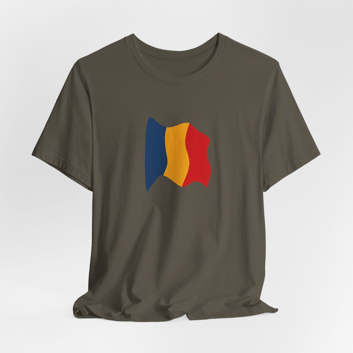 Romania flag T-shirt with minimal waving tricolor design, casual unisex tee by Printify showing front view