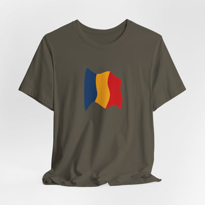 Romania flag T-shirt with minimal waving tricolor design, casual unisex tee by Printify showing front view