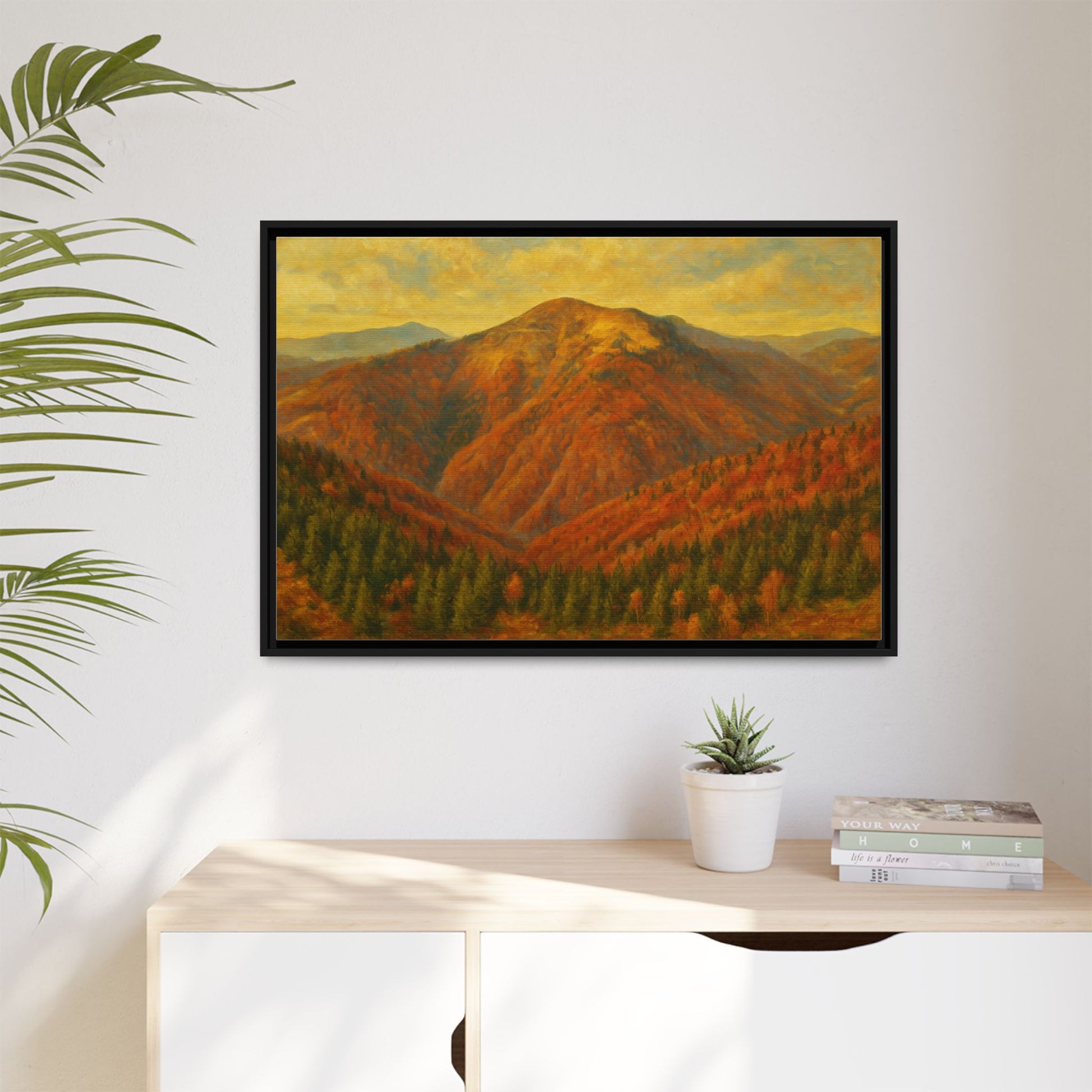 Autumn mountain scene canvas wall art by Printify, featuring a matte framed print of a scenic mountain landscape.