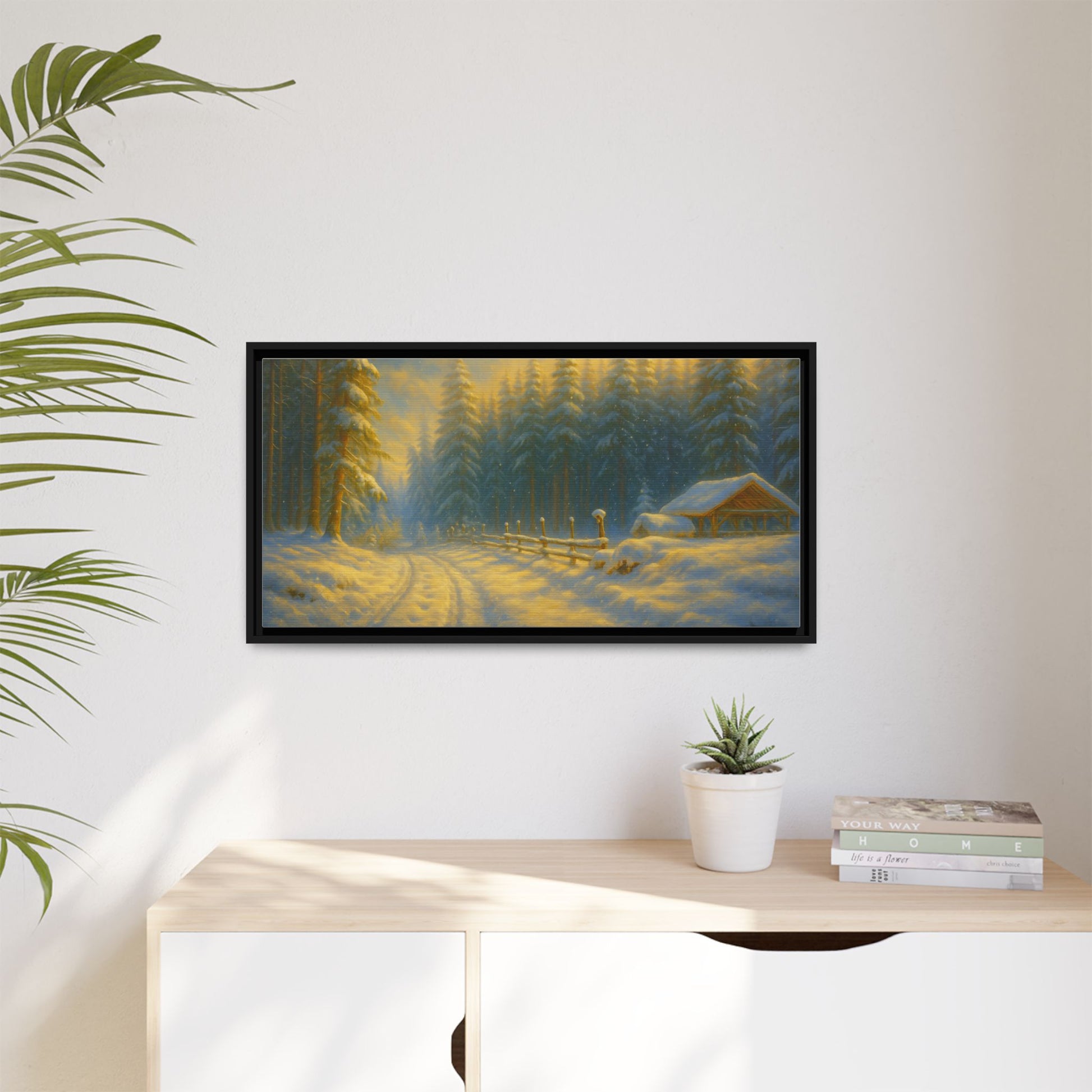 Framed winter cabin canvas print featuring a snowy forest sunset, wall art by Printify, showcasing a tranquil winter landscape.