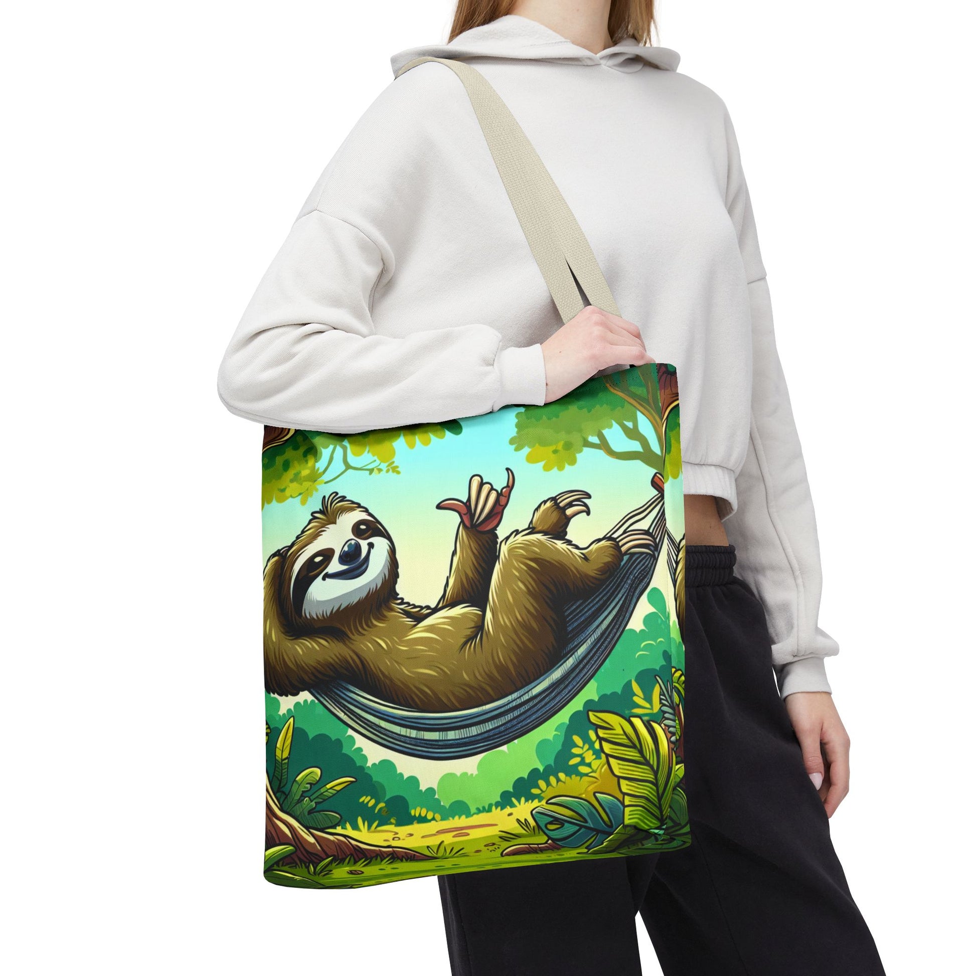 Eco-friendly sloth tote bag by Printify featuring a cute sloth illustration, perfect for animal lovers and everyday use.