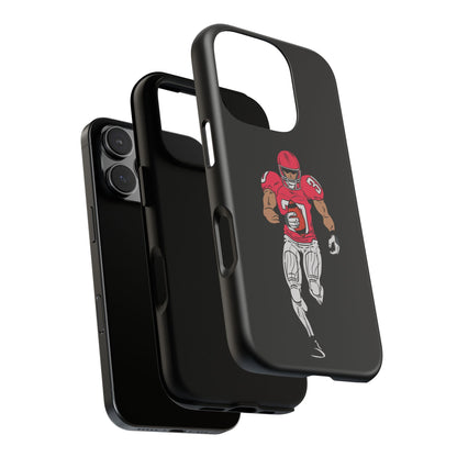 Black football player tough phone case for iPhone, featuring sports design and protective build by Printify.