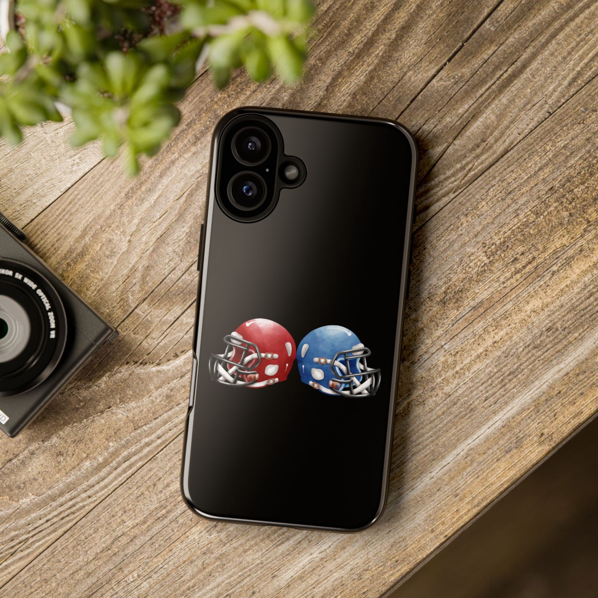 Red and blue football helmet tough phone case for iPhone by Printify, designed to protect and showcase team spirit.