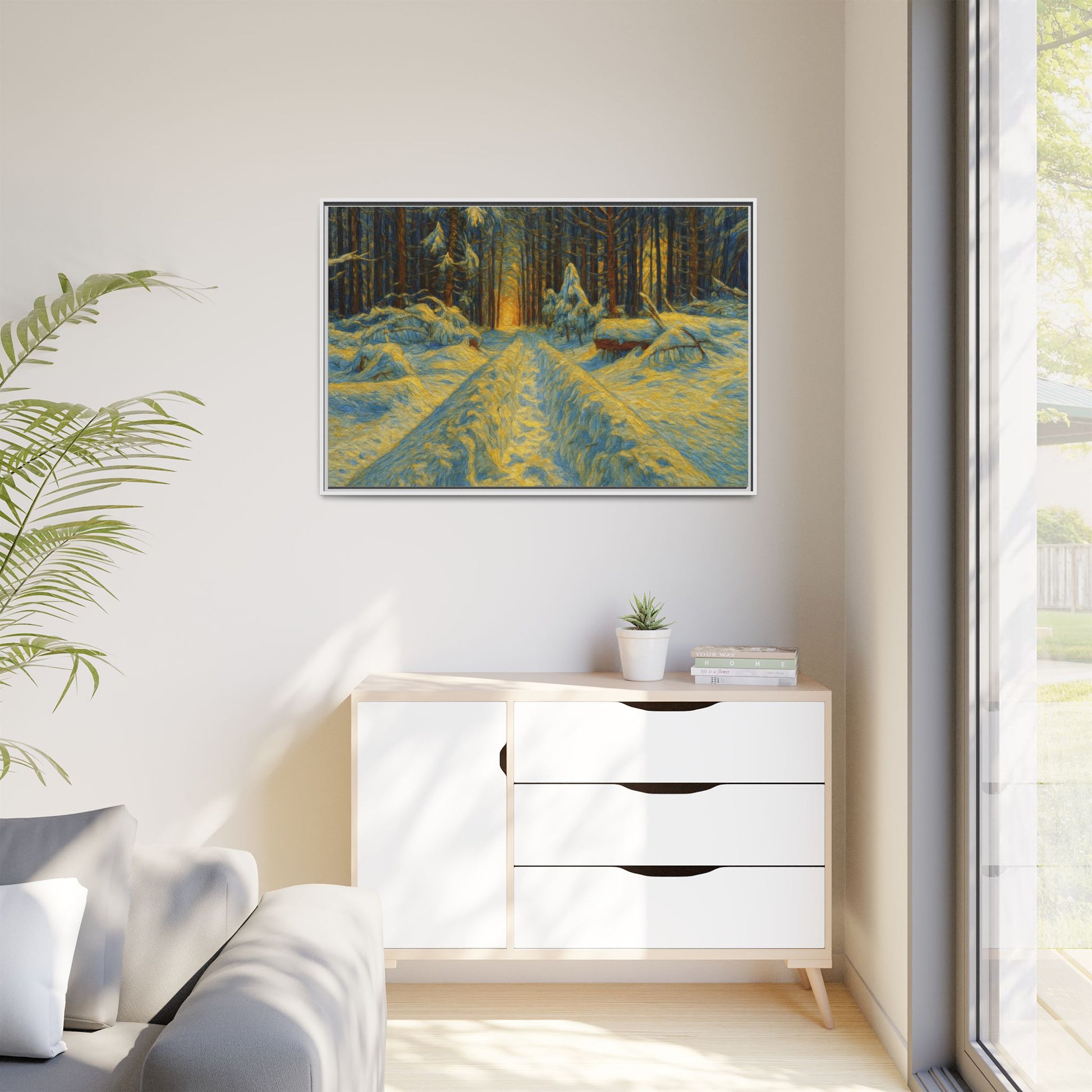 Framed matte canvas print of a snowy forest path at sunset, featuring warm colors and natural winter landscape details.