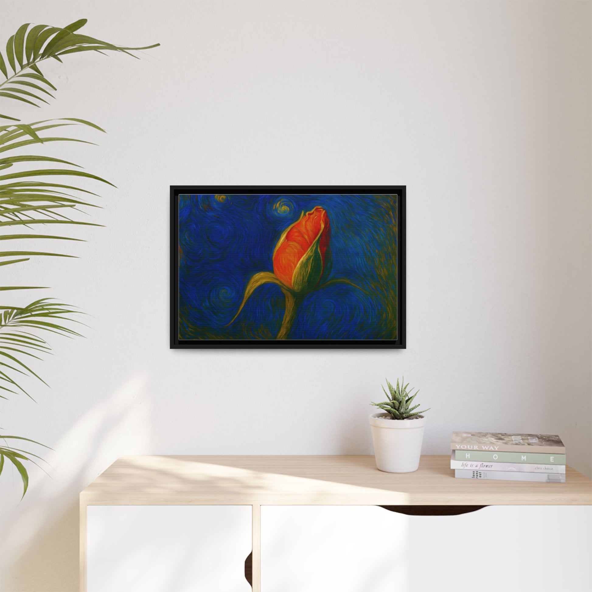 Red rose bud painting on framed canvas wall art, featuring a vibrant floral design by Printify in matte finish.