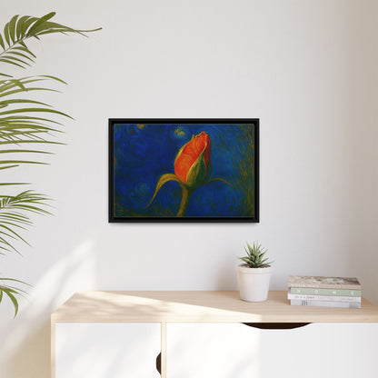 Red rose bud painting on framed canvas wall art, featuring a vibrant floral design by Printify in matte finish.