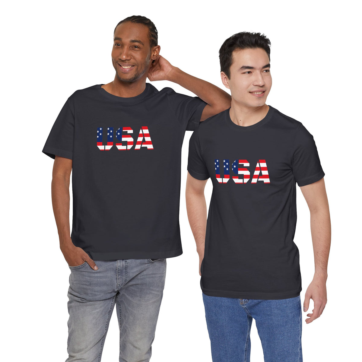 USA flag text T-shirt by Printify featuring patriotic design, perfect for Fourth of July celebrations, shown on a plain background.