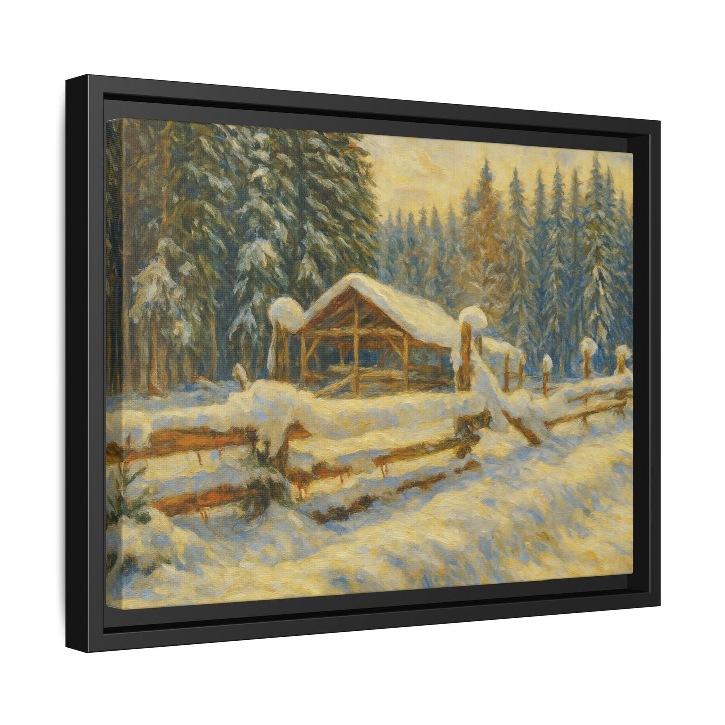 Snowy cabin winter landscape canvas wall art by Printify, framed matte print of cozy snowy mountain scene