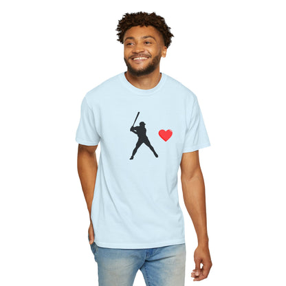 White baseball batter heart T-shirt by Printify featuring a printed baseball player with a heart design on the front.