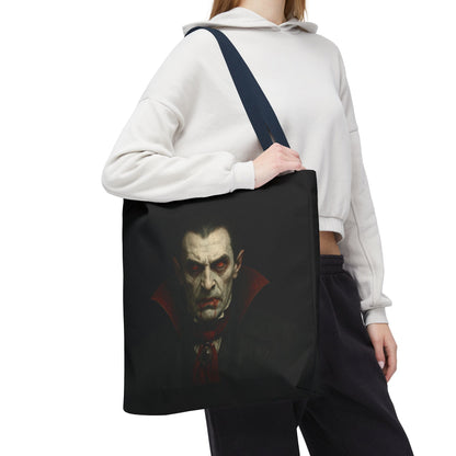 Black vampire-themed tote bag with spooky gothic design, perfect for Halloween accessories, by Printify.