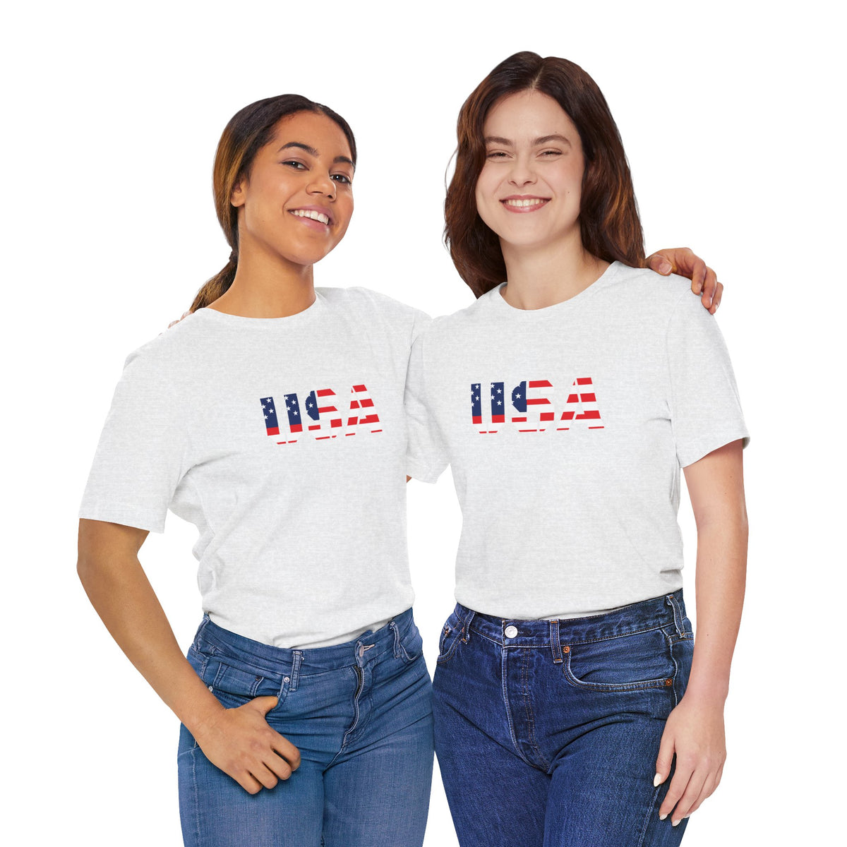 USA flag text T-shirt by Printify featuring patriotic Fourth of July design, showcasing a casual fit and bold American flag imagery.