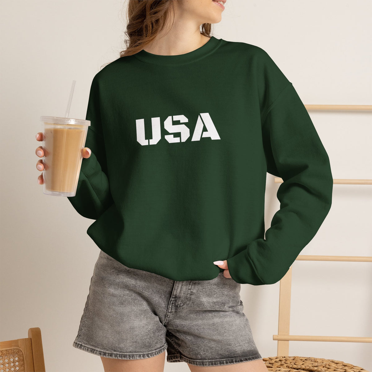 Printify USA crewneck sweatshirt featuring patriotic design, cozy fit, perfect for all seasons, casual and comfortable apparel.