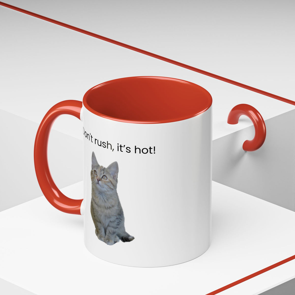 Ceramic cat coffee mug with "Don't rush, it's hot!" quote in 15 oz size, featuring a playful cat design and vibrant colors.