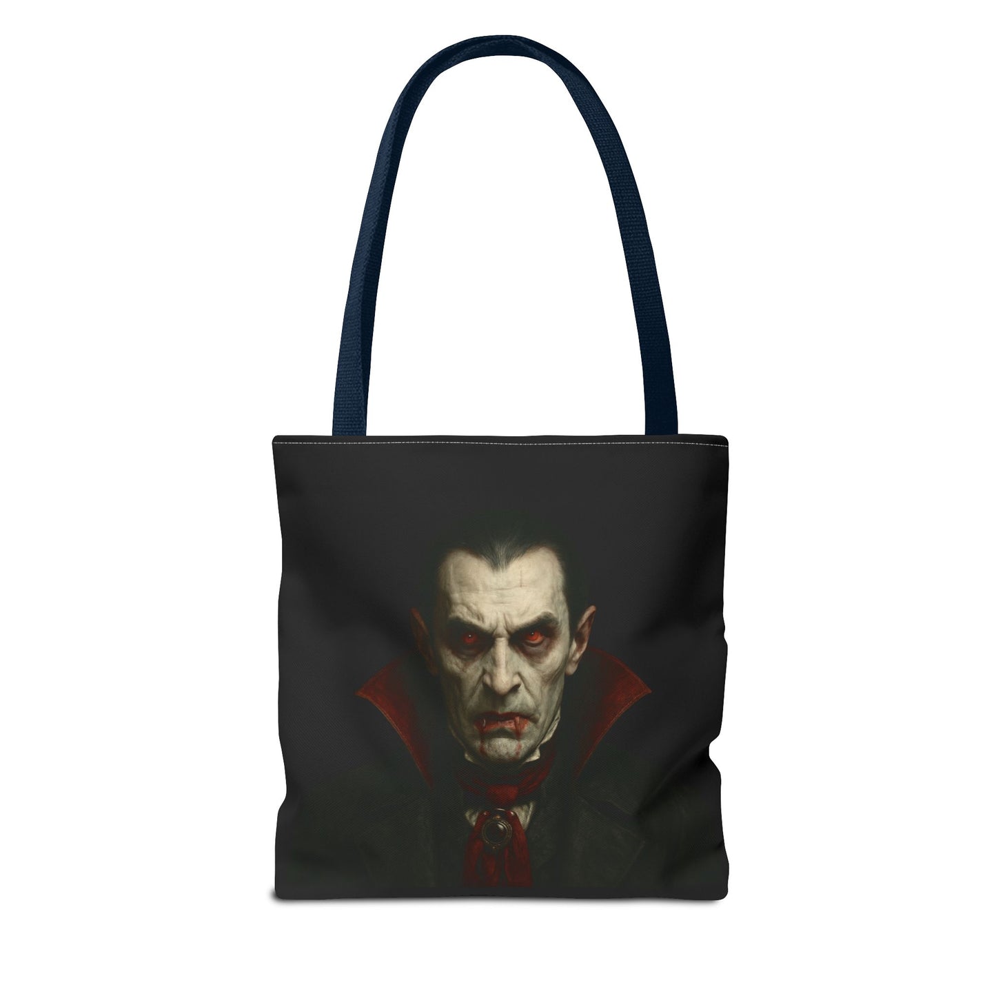 Black vampire tote bag with spooky gothic design, perfect Halloween accessory, by Printify, featuring a dark, eerie vampire illustration.