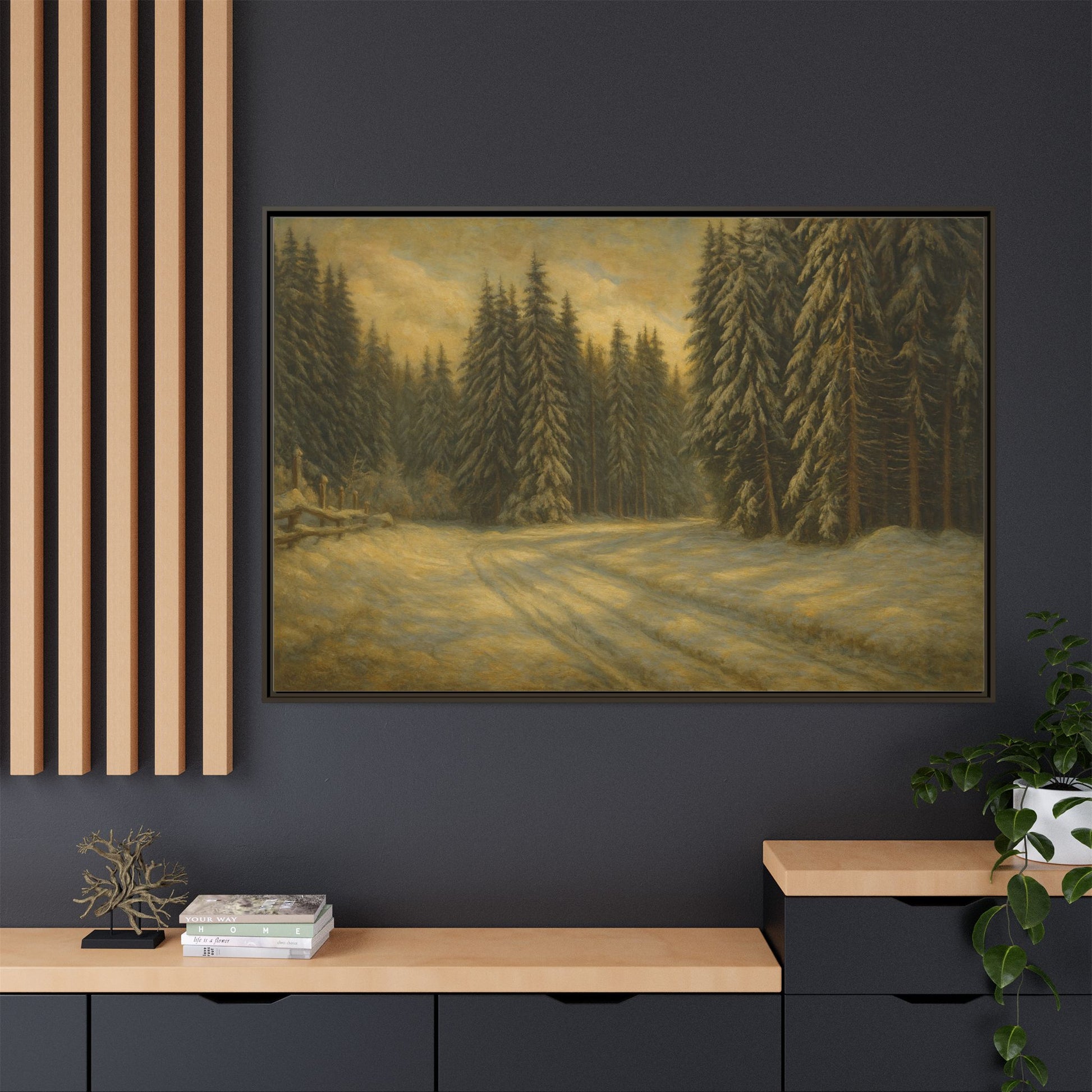 Framed matte canvas print of winter forest landscape wall art by Printify, featuring snowy trees and serene woodland scene.