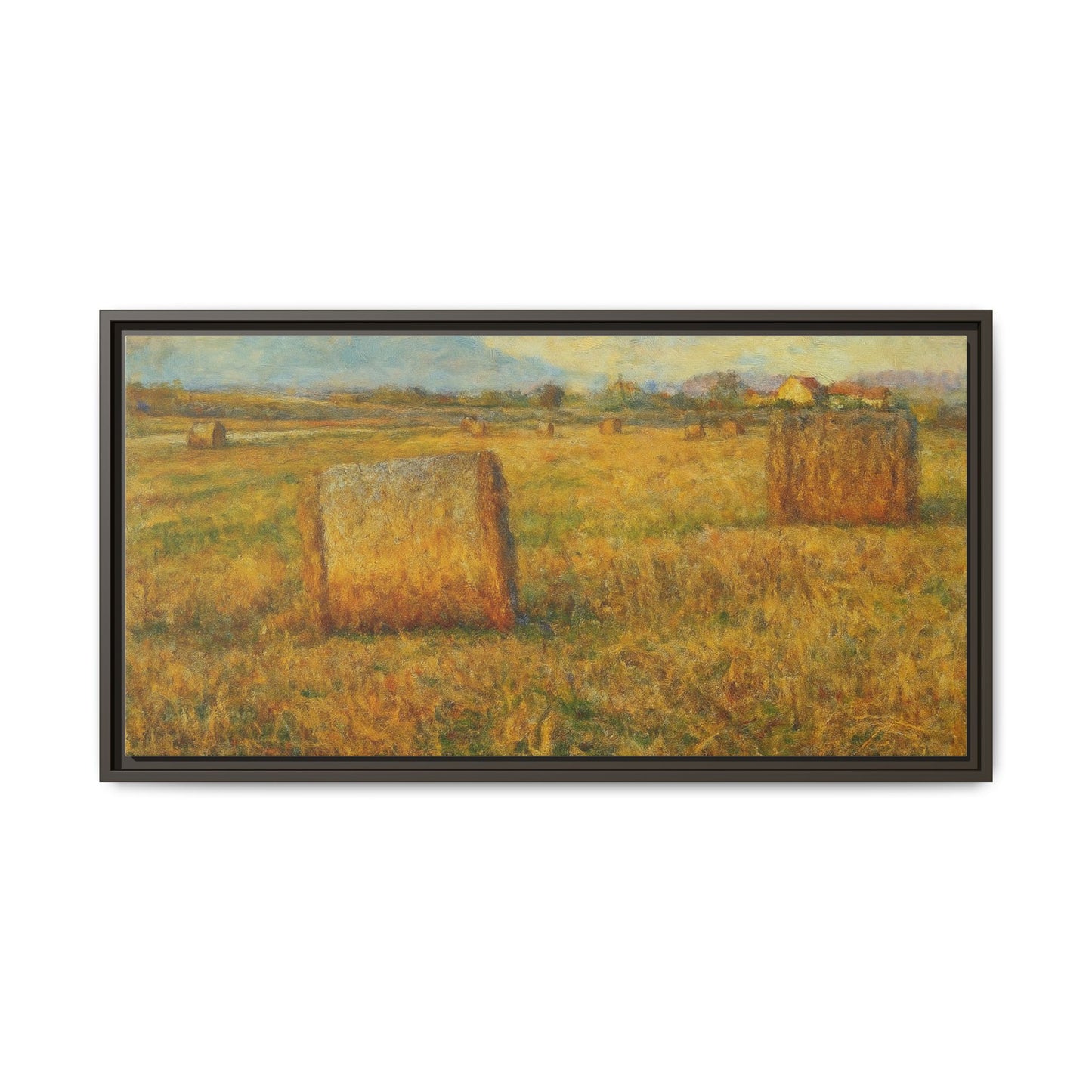 Framed matte canvas wall art featuring a rustic hayfield landscape print, suitable for farmhouse or country-style decor.