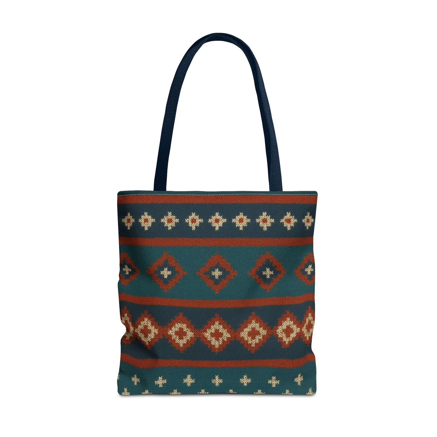 Southwestern diamond pattern tote bag with Aztec tribal geometric print, made by Printify, featuring vibrant colors and fabric handles.