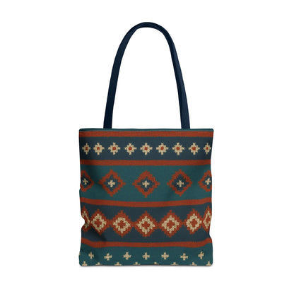 Southwestern diamond pattern tote bag with Aztec tribal geometric print, made by Printify, featuring vibrant colors and fabric handles.