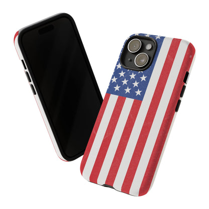 American flag tough phone case for iPhone and Samsung, patriotic protective cover with bold flag design by Printify