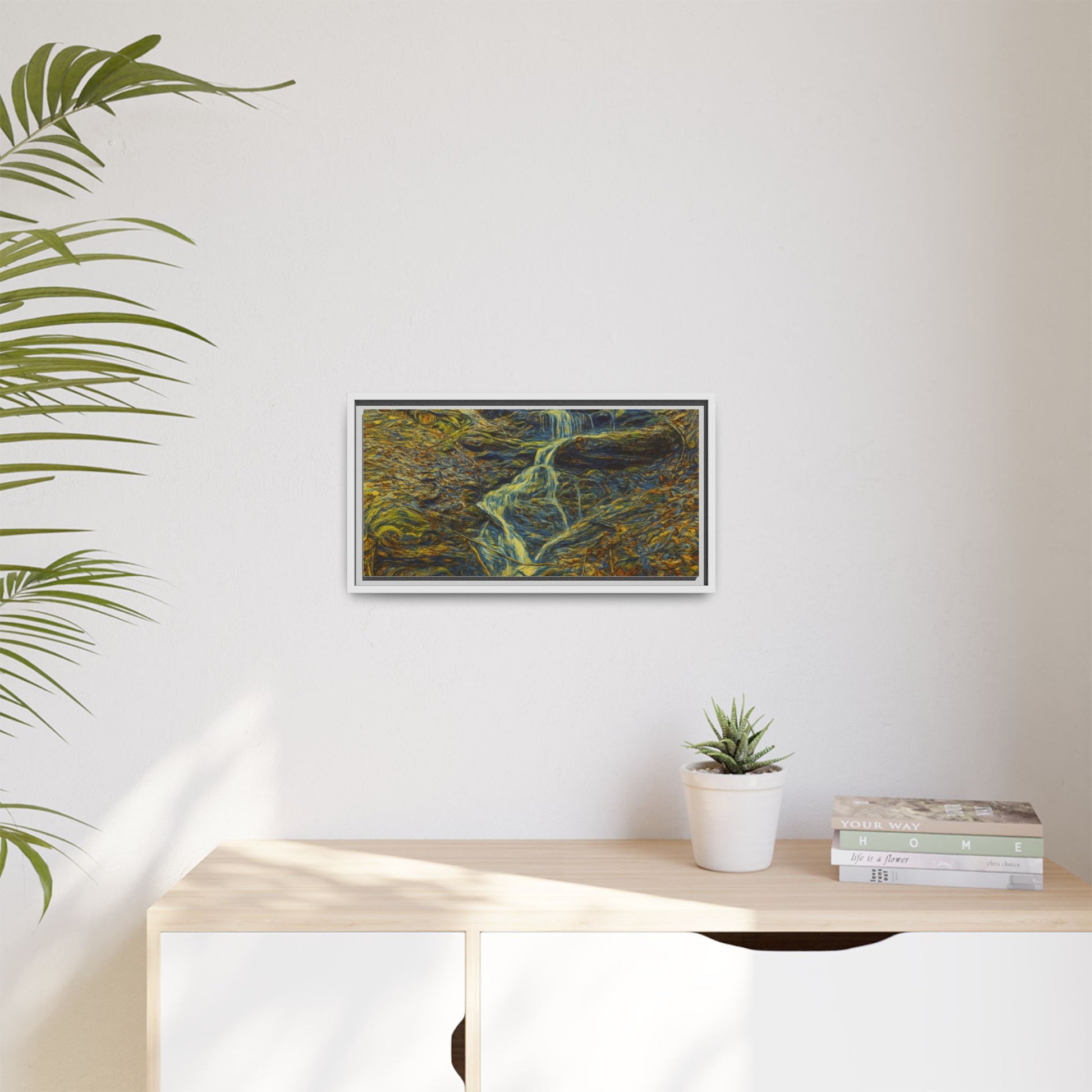 Framed matte canvas wall art featuring a serene autumn forest waterfall scene, ideal for nature-inspired home decor.