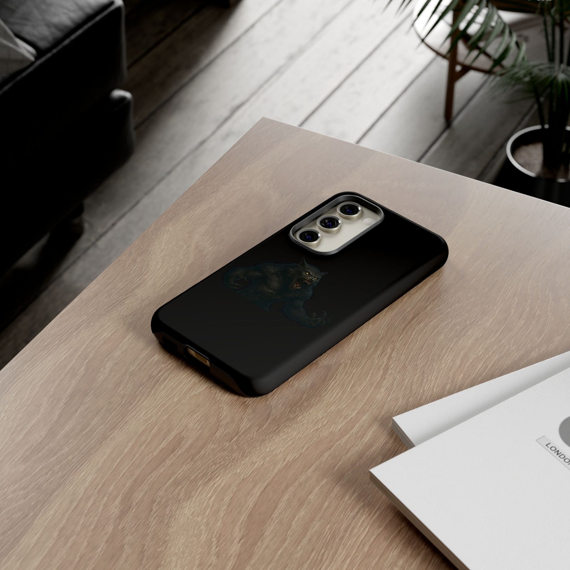 Dark monster graphic werewolf phone case by Printify, showing a tough protective design with a fierce, detailed werewolf illustration.