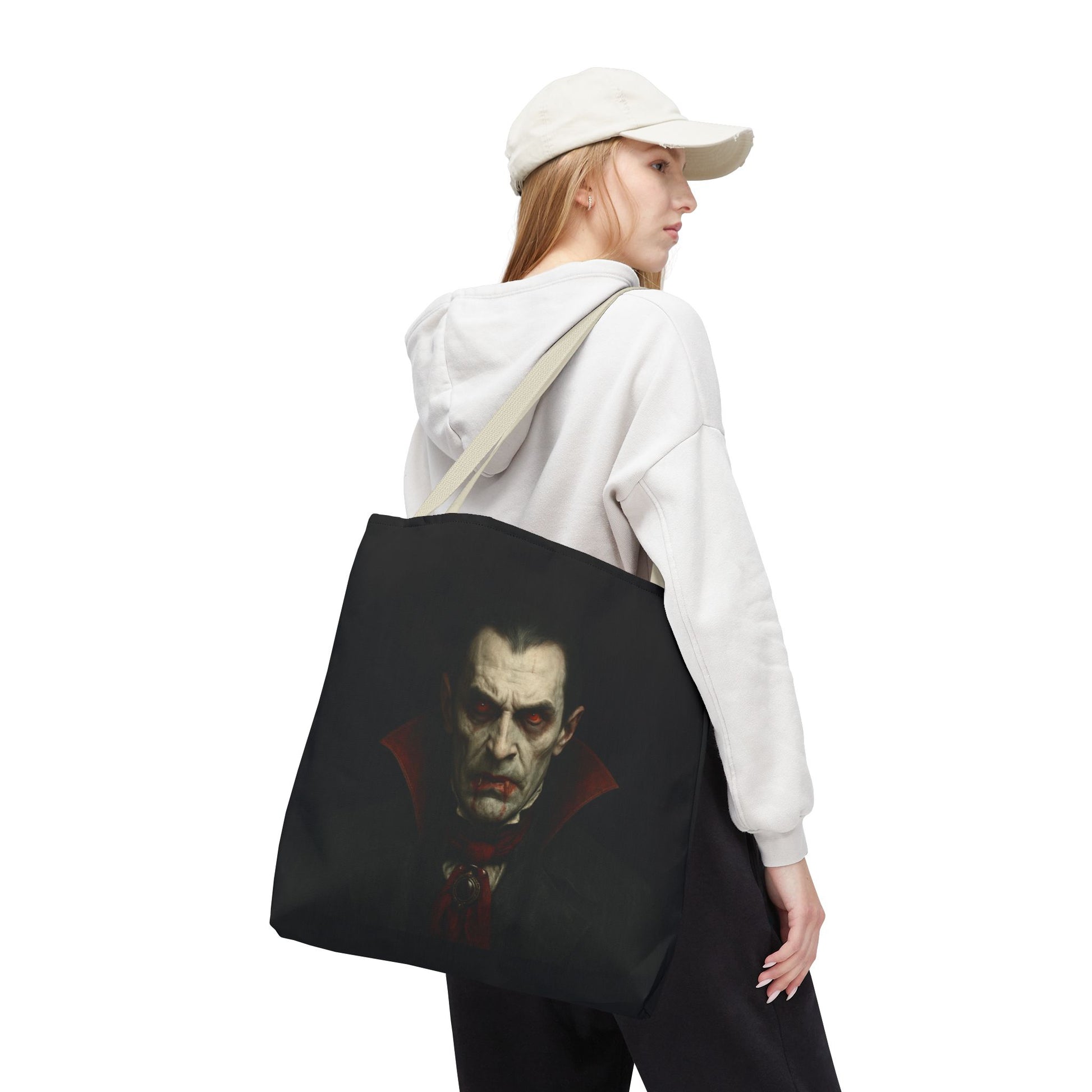 Black vampire tote bag with spooky gothic design, featuring a vampire illustration, perfect for Halloween accessories.