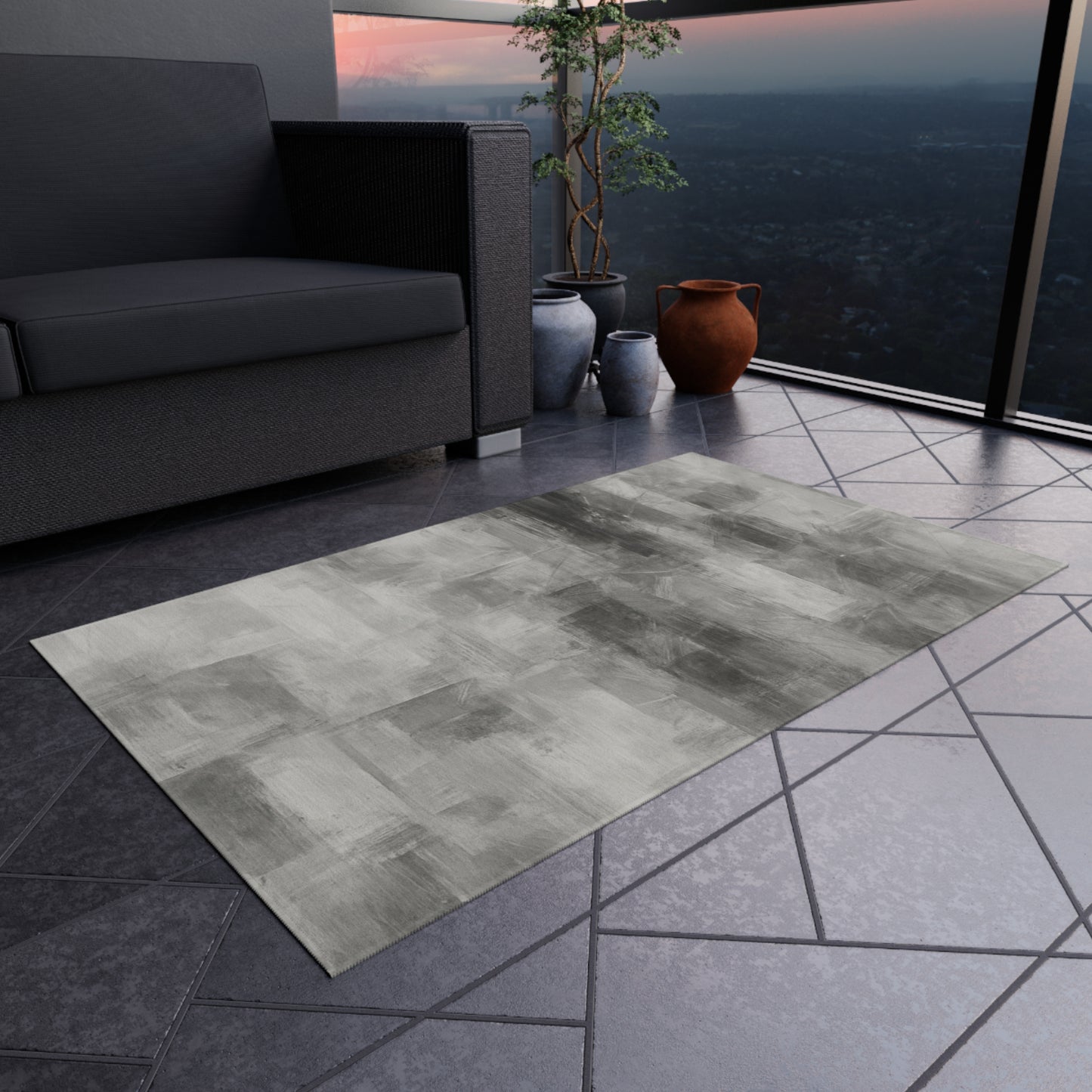 Grey outdoor waterproof rug from Printify, modern blanket-style mat for patio and deck with stylish, durable fabric.
