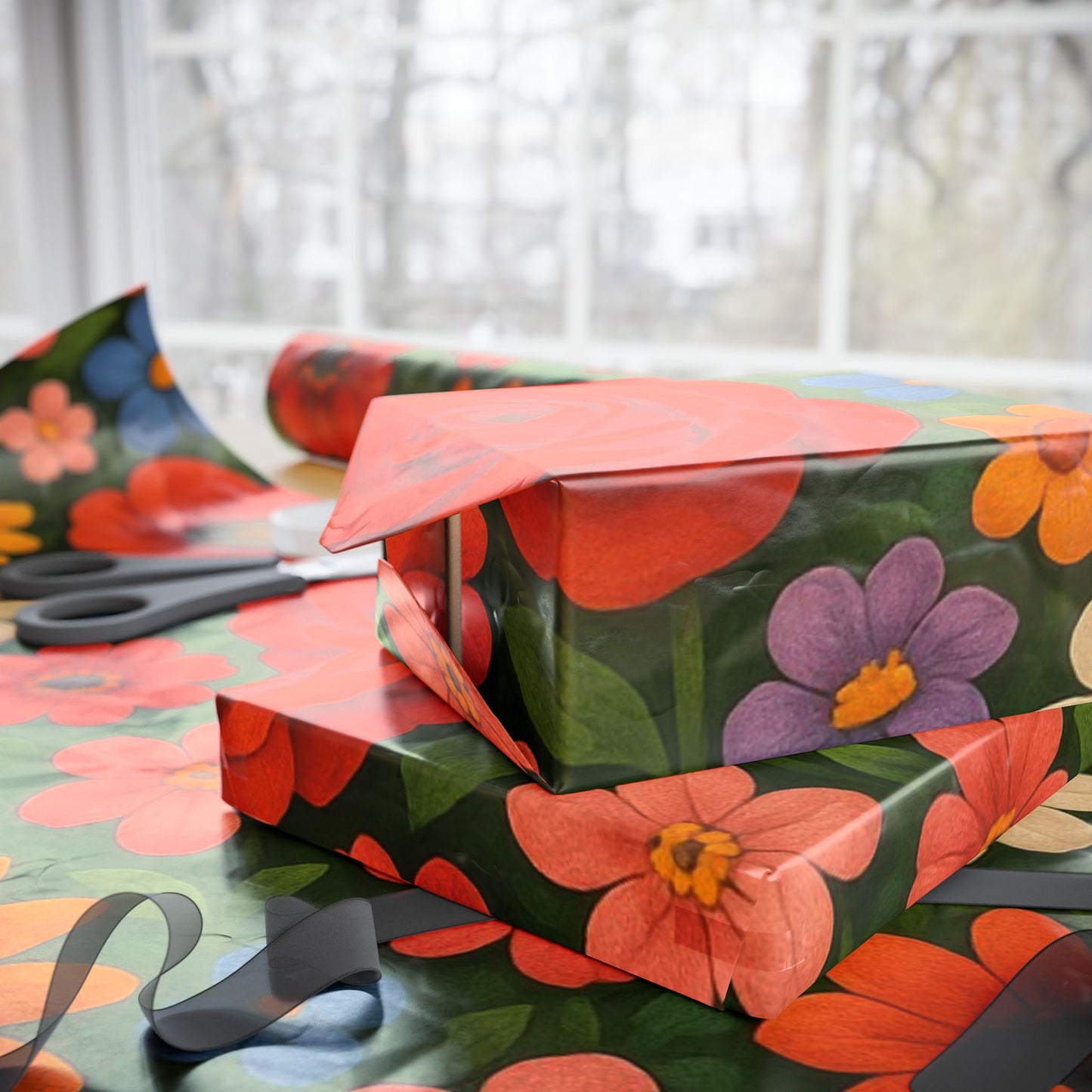 Floral Folk Art Wrapping Paper Roll — Bright Vintage Flower Gift Wrap