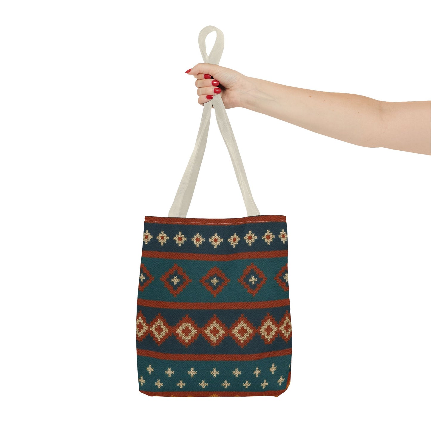Southwestern diamond pattern tote bag with Aztec tribal geometric print, made by Printify, featuring vibrant, intricate design.