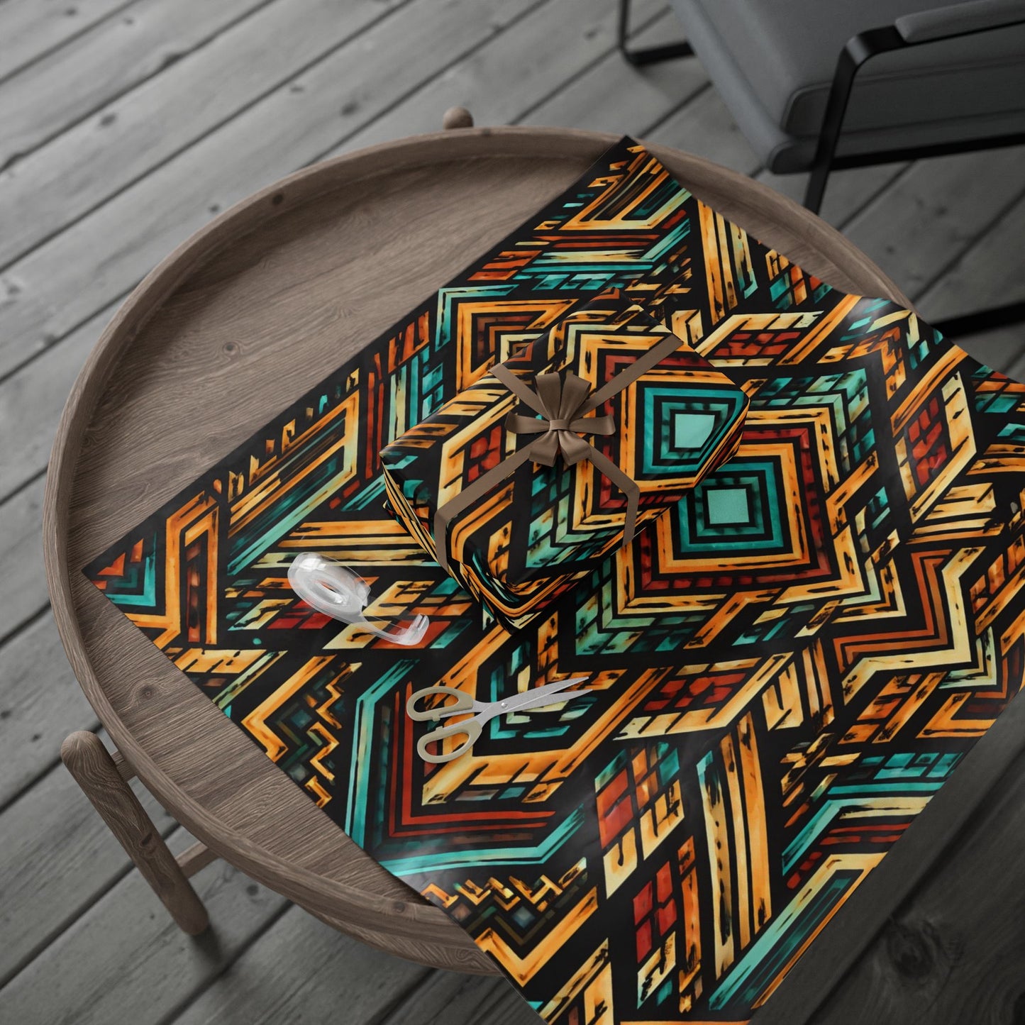Geometric Boho Wrapping Paper Roll — Teal & Burnt Orange Tribal Pattern
