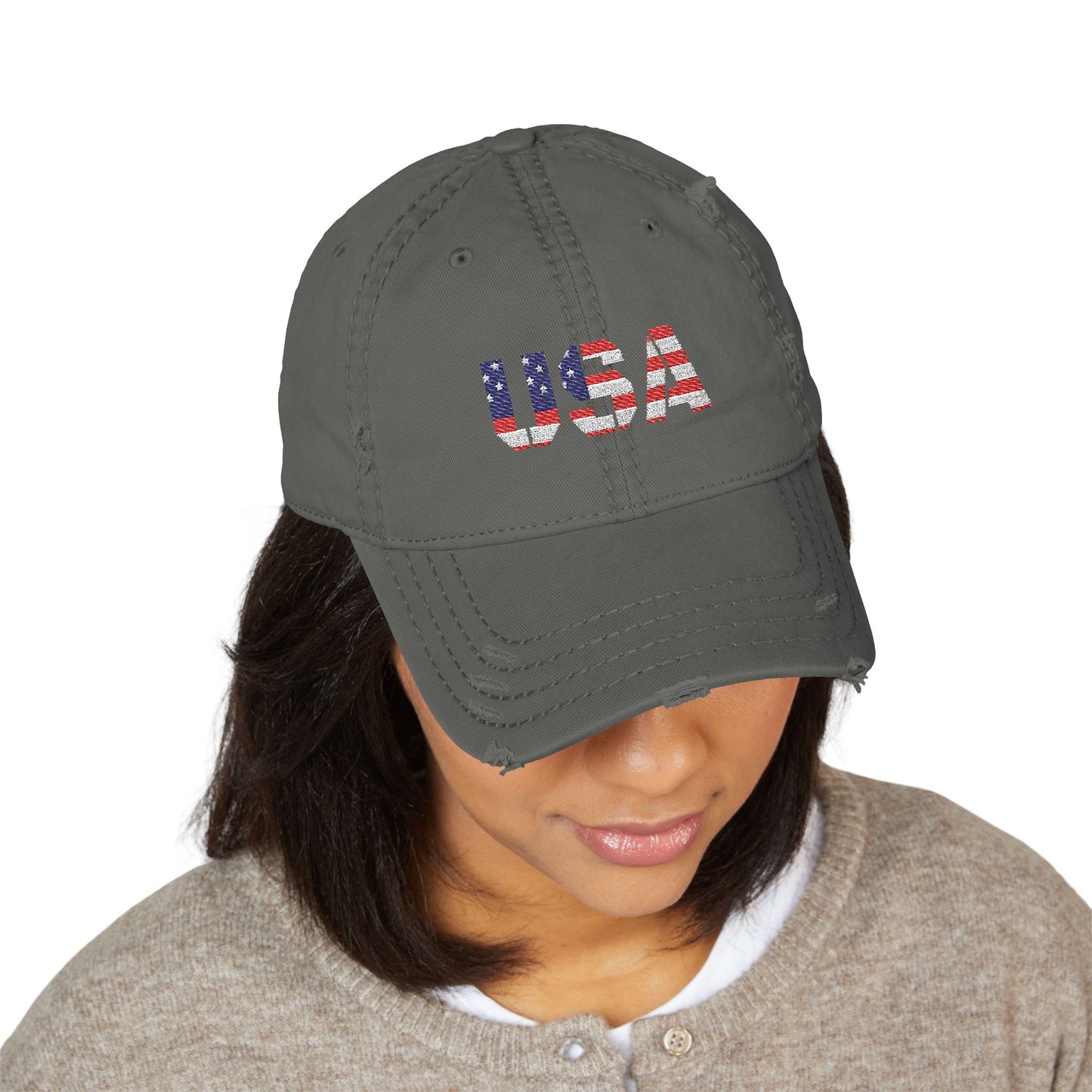 Distressed USA flag embroidered dad hat by Printify, featuring a weathered American flag design on a casual hat style.