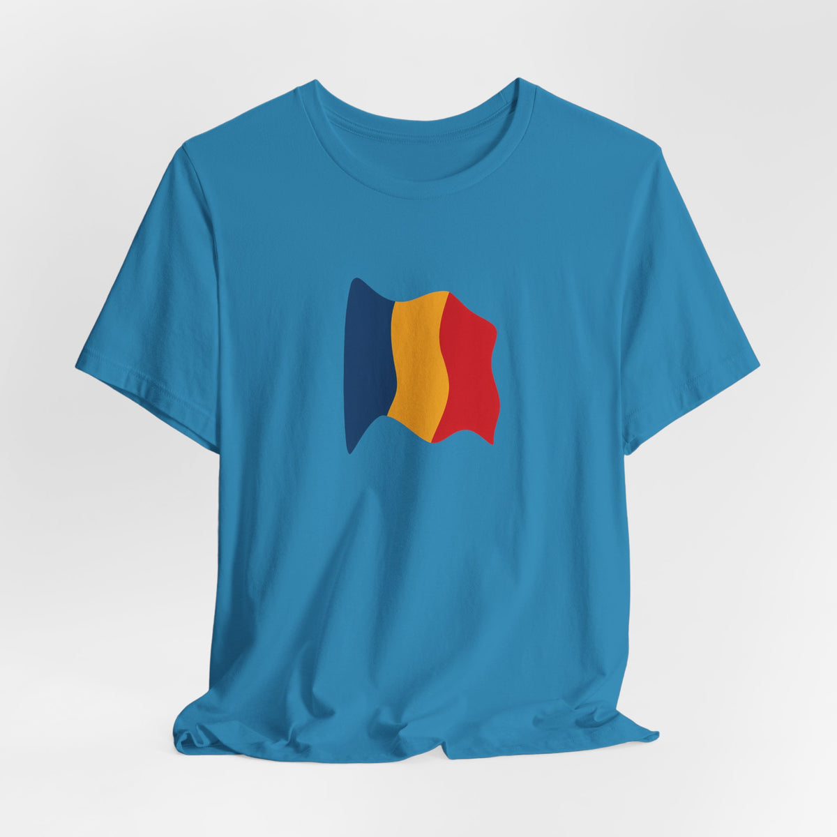 Romania flag T-shirt by Printify featuring a minimal waving tricolor design on a casual tee.