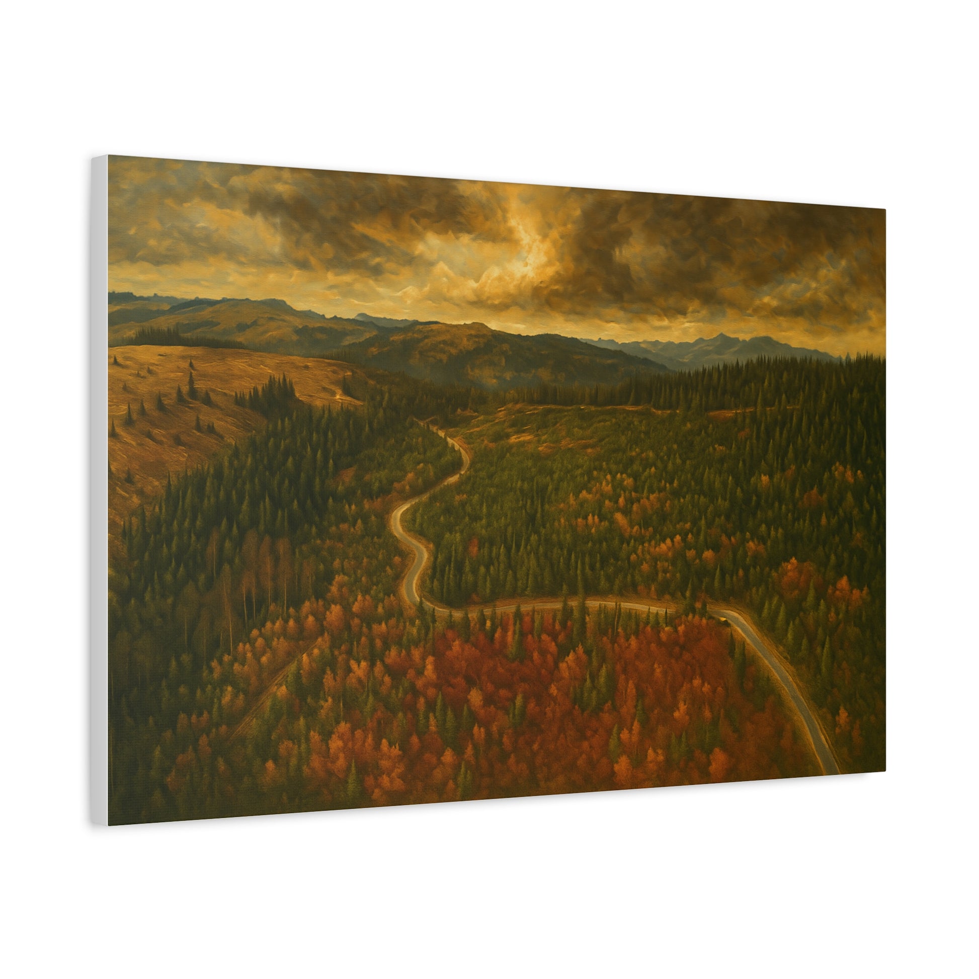 Autumn Ridge Road matte stretched canvas featuring a moody forest landscape wall art by Printify