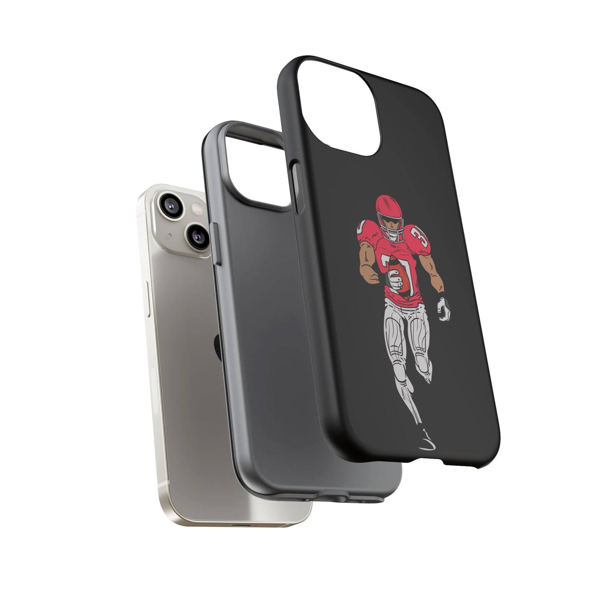 Black football player tough phone case for iPhone, sporty protective case with a dynamic football design by Printify.