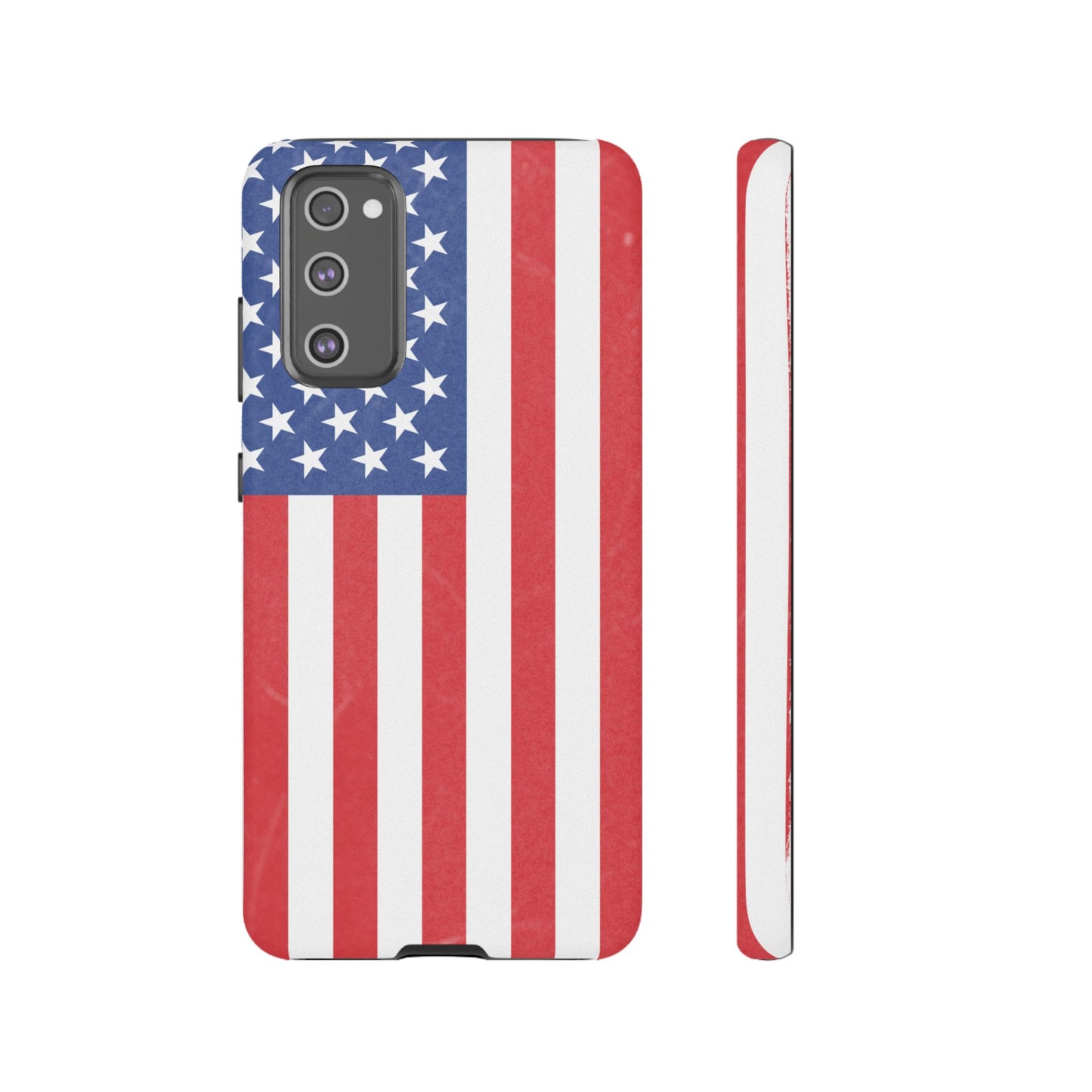 American flag tough phone case for iPhone and Samsung, patriotic protective cover with bold flag design.