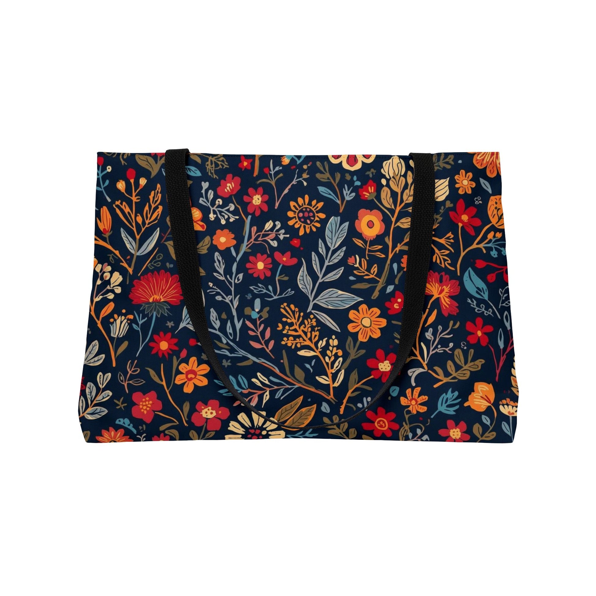 Printify floral weekender tote bag featuring colorful floral patterns, spacious design, ideal for travel, beach, gym, or shopping.
