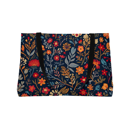 Printify floral weekender tote bag featuring colorful floral patterns, spacious design, ideal for travel, beach, gym, or shopping.