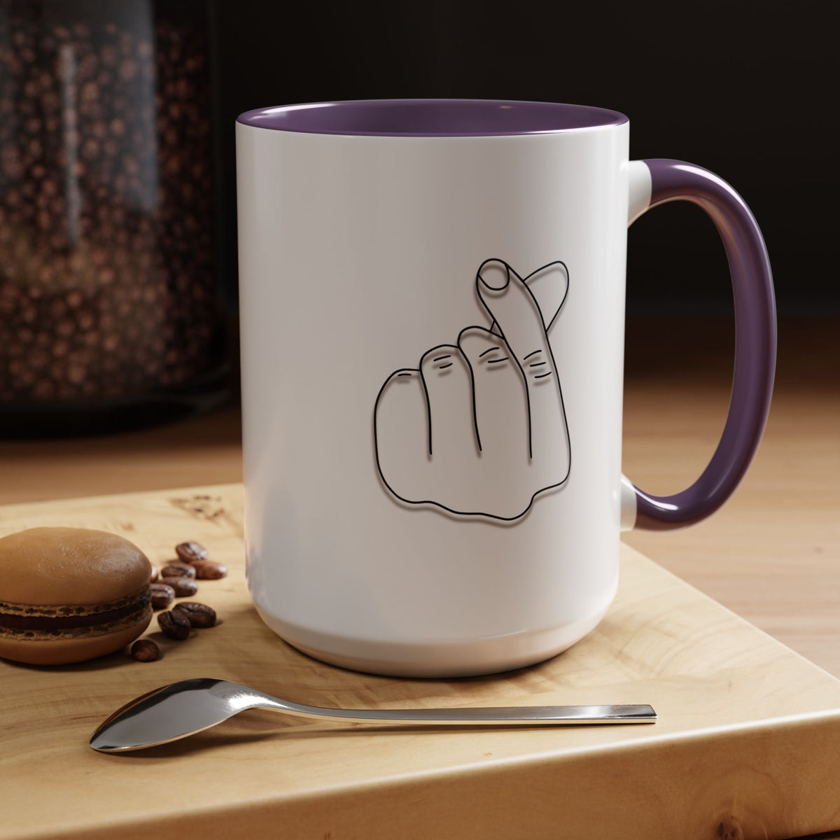 Minimal Korean finger heart accent mug by Printify, 11oz or 15oz ceramic coffee mug with simple design and clean white finish.