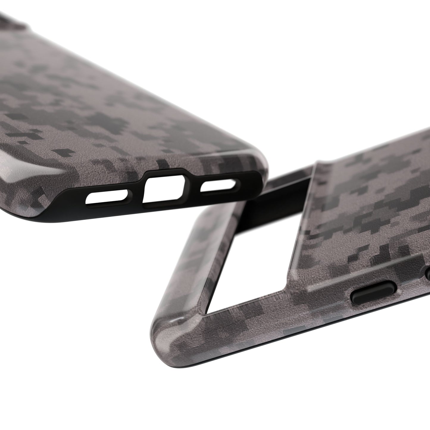 Gray digital camouflage phone case by Printify, rugged protective cover fitting smartphones with a tough, military-inspired design.