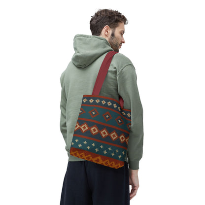 Southwestern diamond pattern tote bag with Aztec tribal geometric print, crafted by Printify, featuring vibrant colors and spacious design.