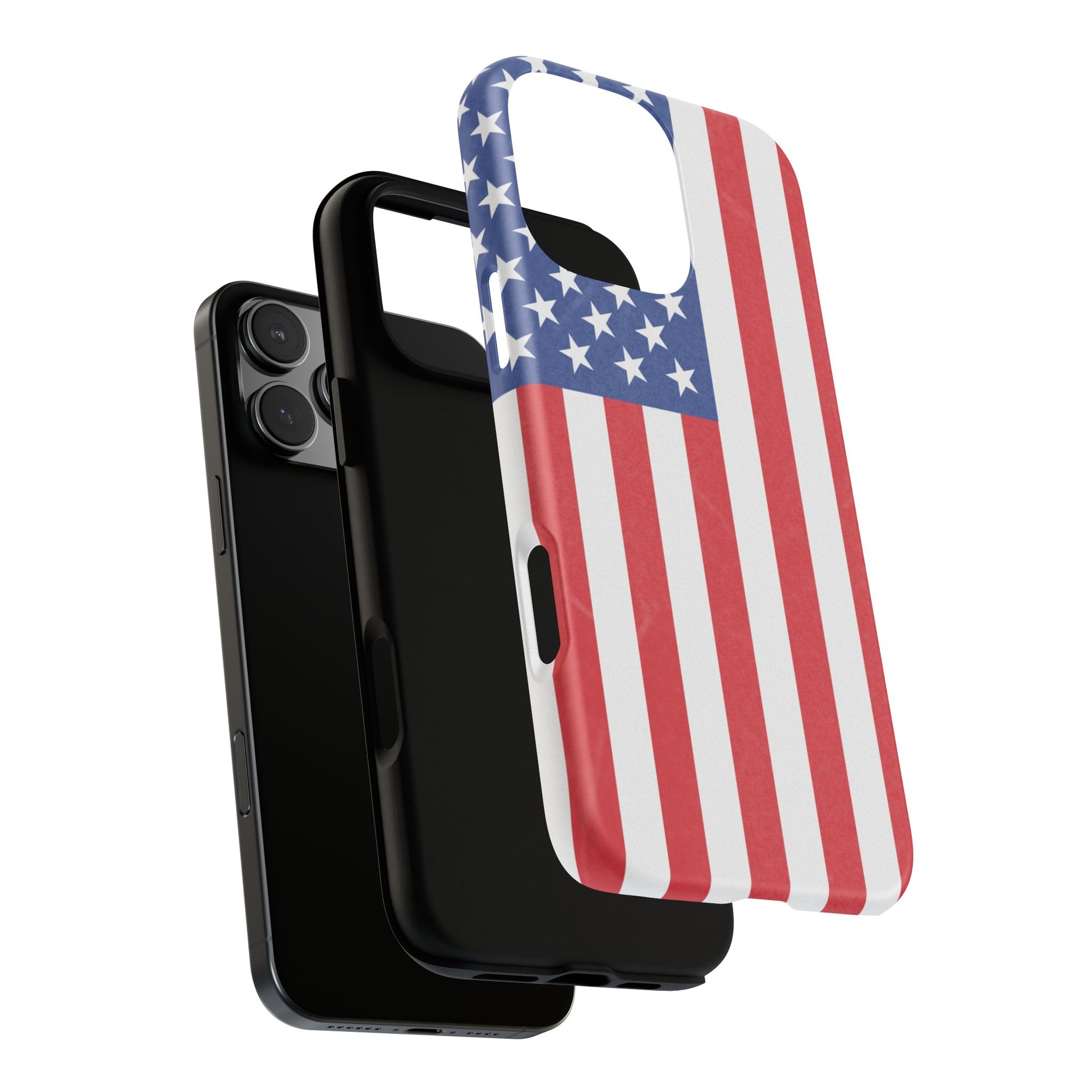 American flag tough phone case for iPhone and Samsung, patriotic protective cover with bold flag design by Printify.