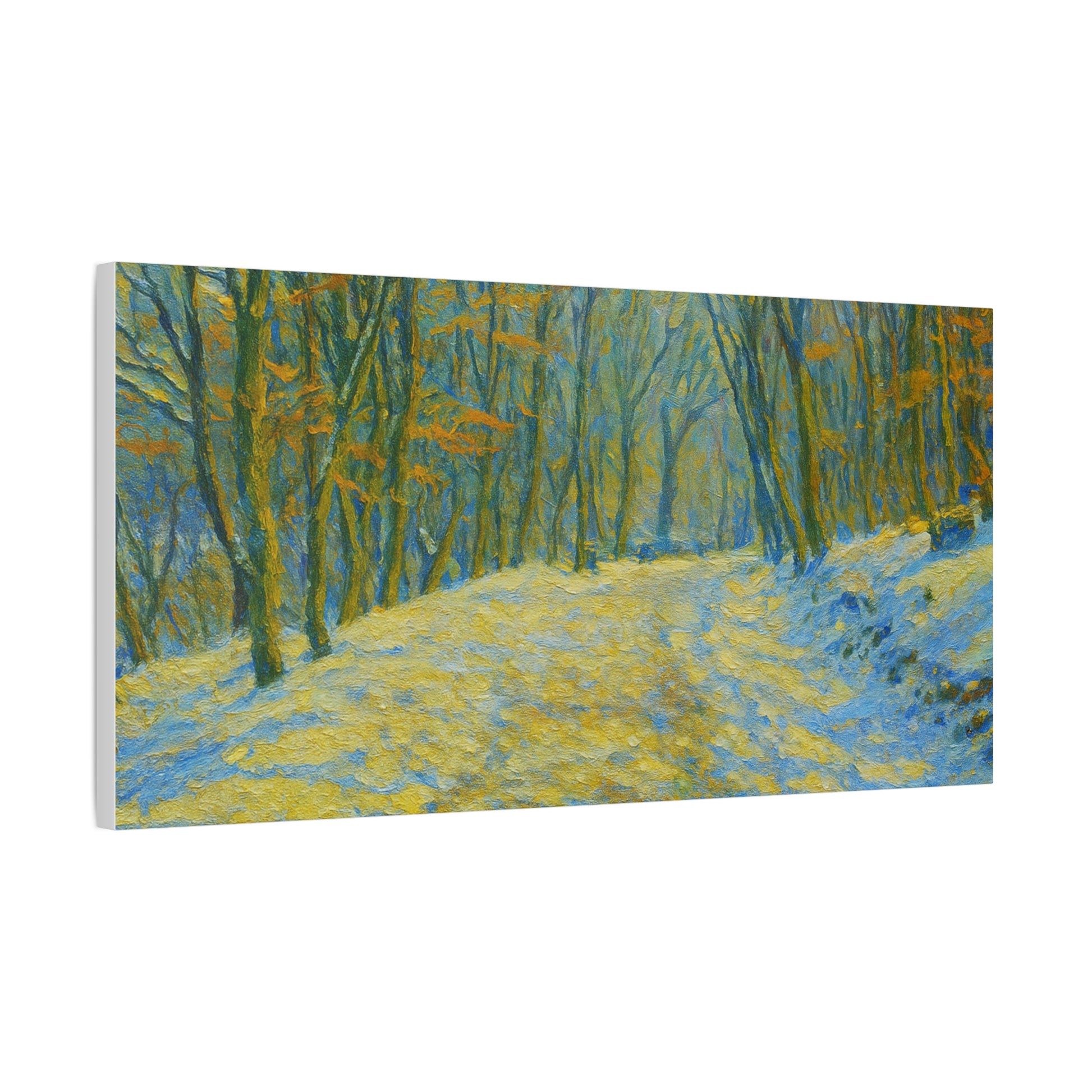 Winter landscape canvas wall art by Printify featuring a cozy nature scene, perfect for living room decor.