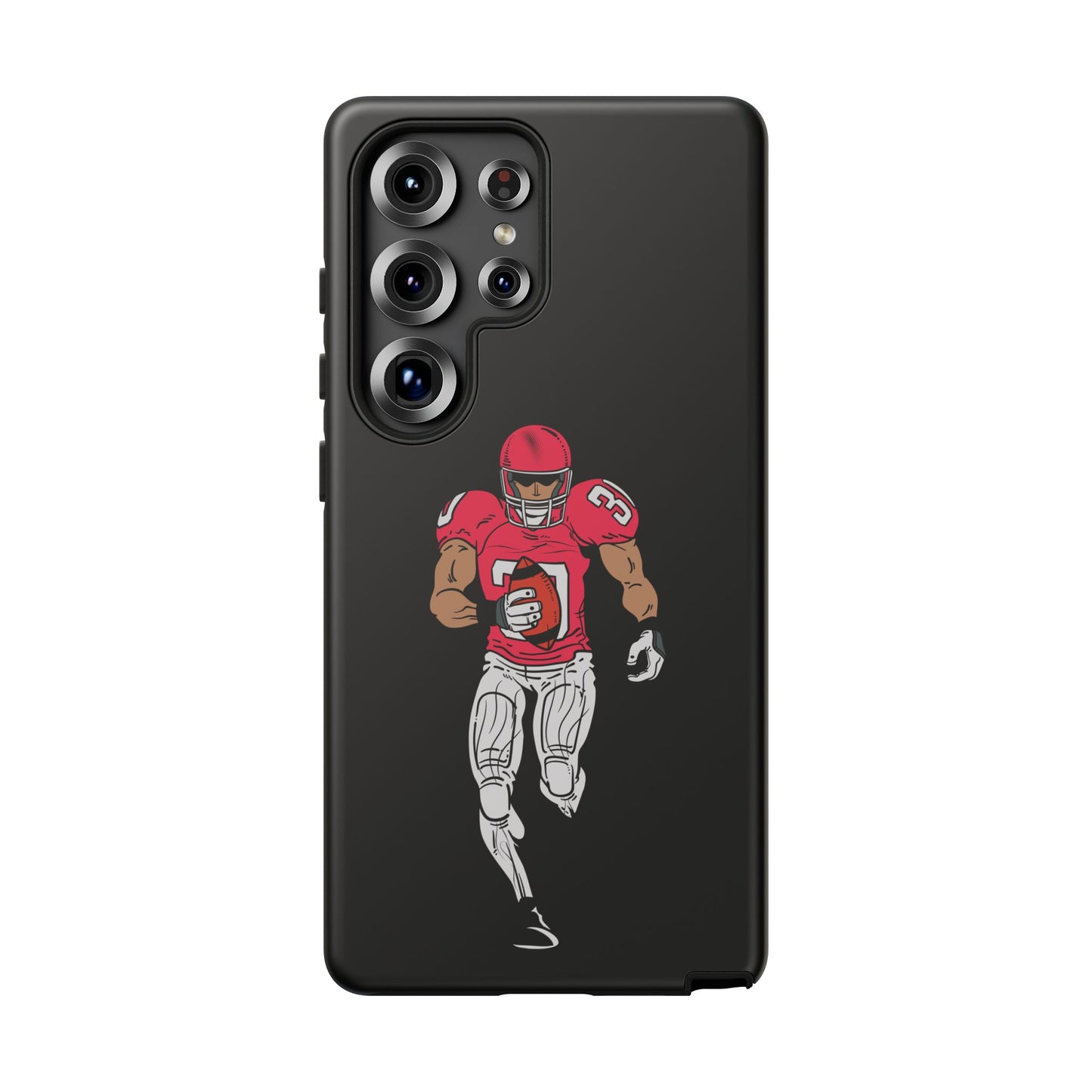 Black football player tough phone case for iPhone, protective sports-themed case by Printify with athletic design.