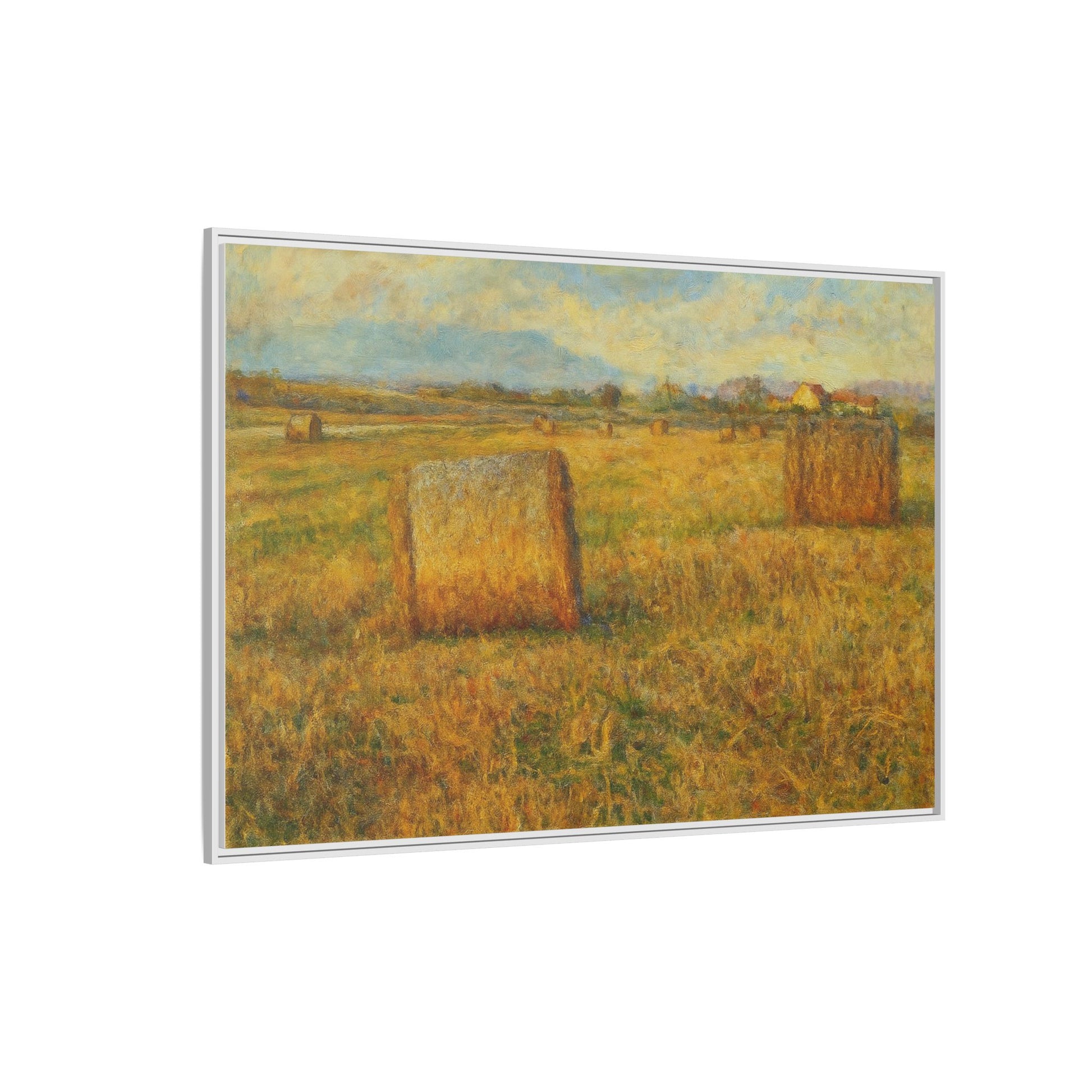 Rustic hayfield landscape canvas wall art by Printify, framed matte print featuring a peaceful rural scene.