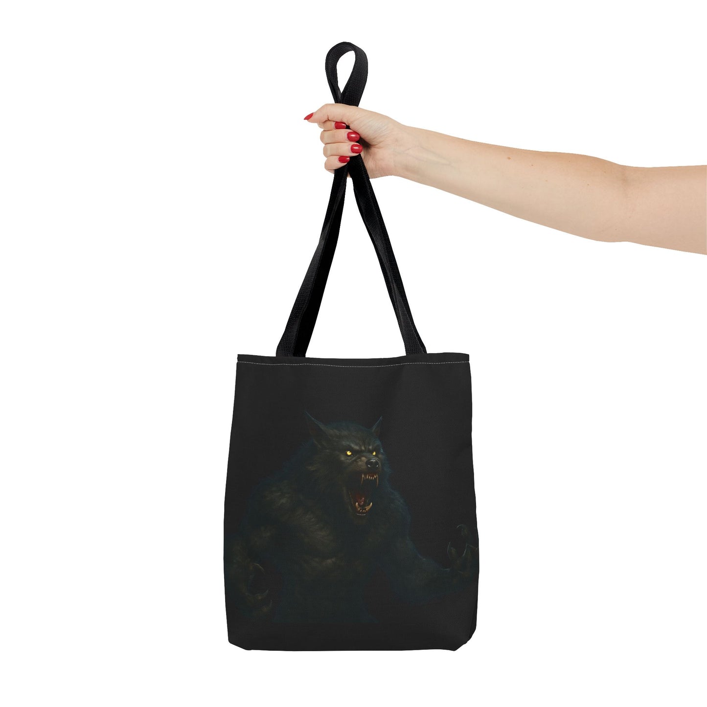 Werewolf tote bag featuring dark Halloween art, perfect gift for horror fans, made by Printify, with detailed werewolf graphic.