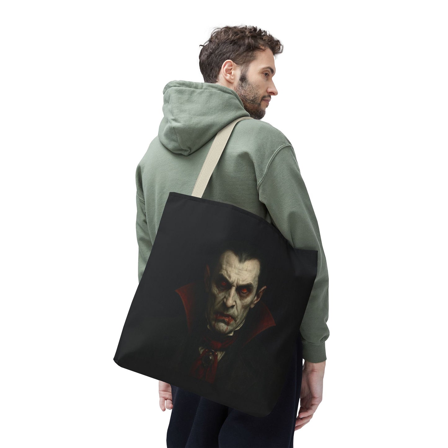Black Vampire Tote Bag from Printify featuring a spooky gothic Halloween design, perfect for festive accessories.