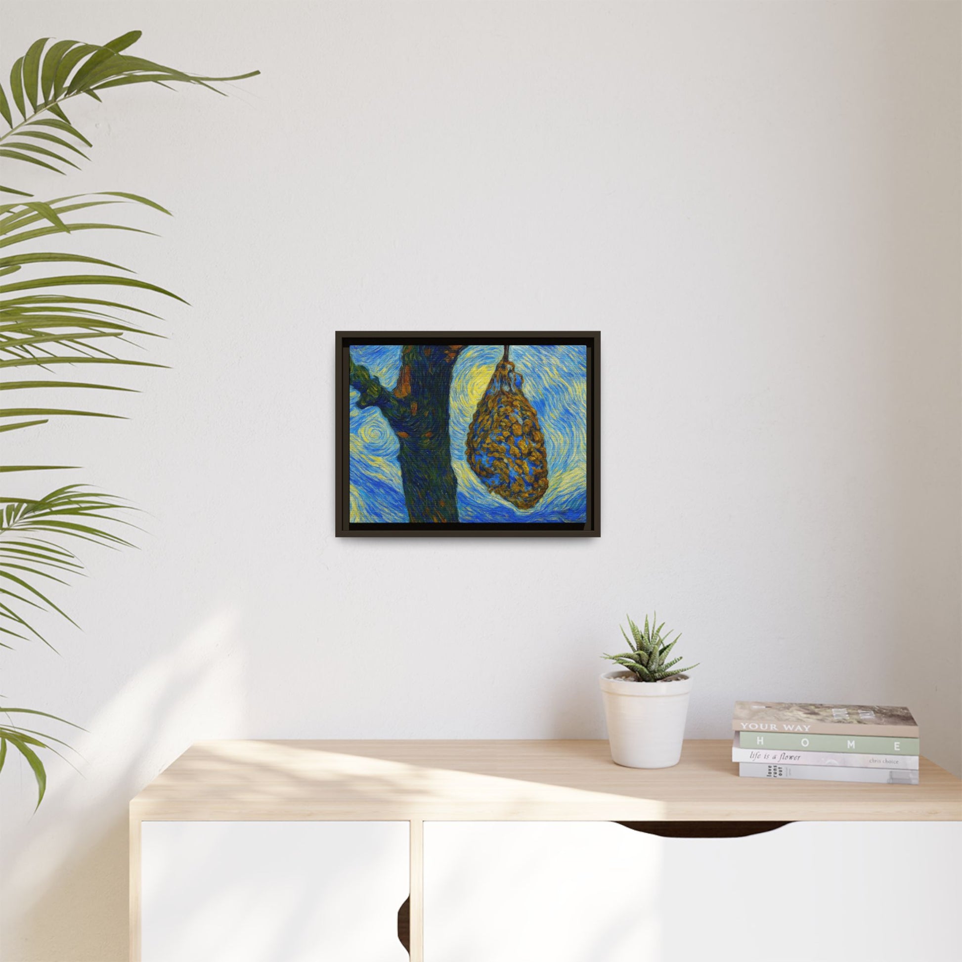 Framed matte canvas art of a starry nut cluster in a dried plum tree by Printify, showcasing detailed botanical artwork.