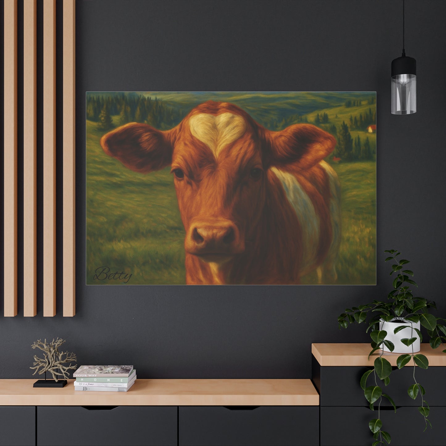 Canvas print of a cow portrait with a heart-shaped forehead, farm animal wall art by Printify on durable canvas.
