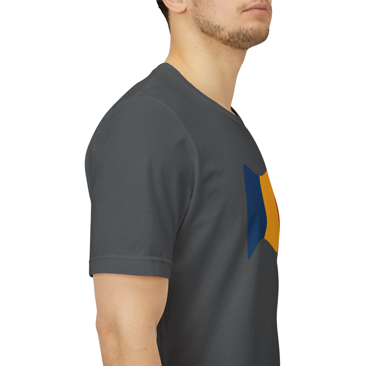 Romania flag T-Shirt by Printify featuring a minimal waving tricolor design on a casual T-shirt.