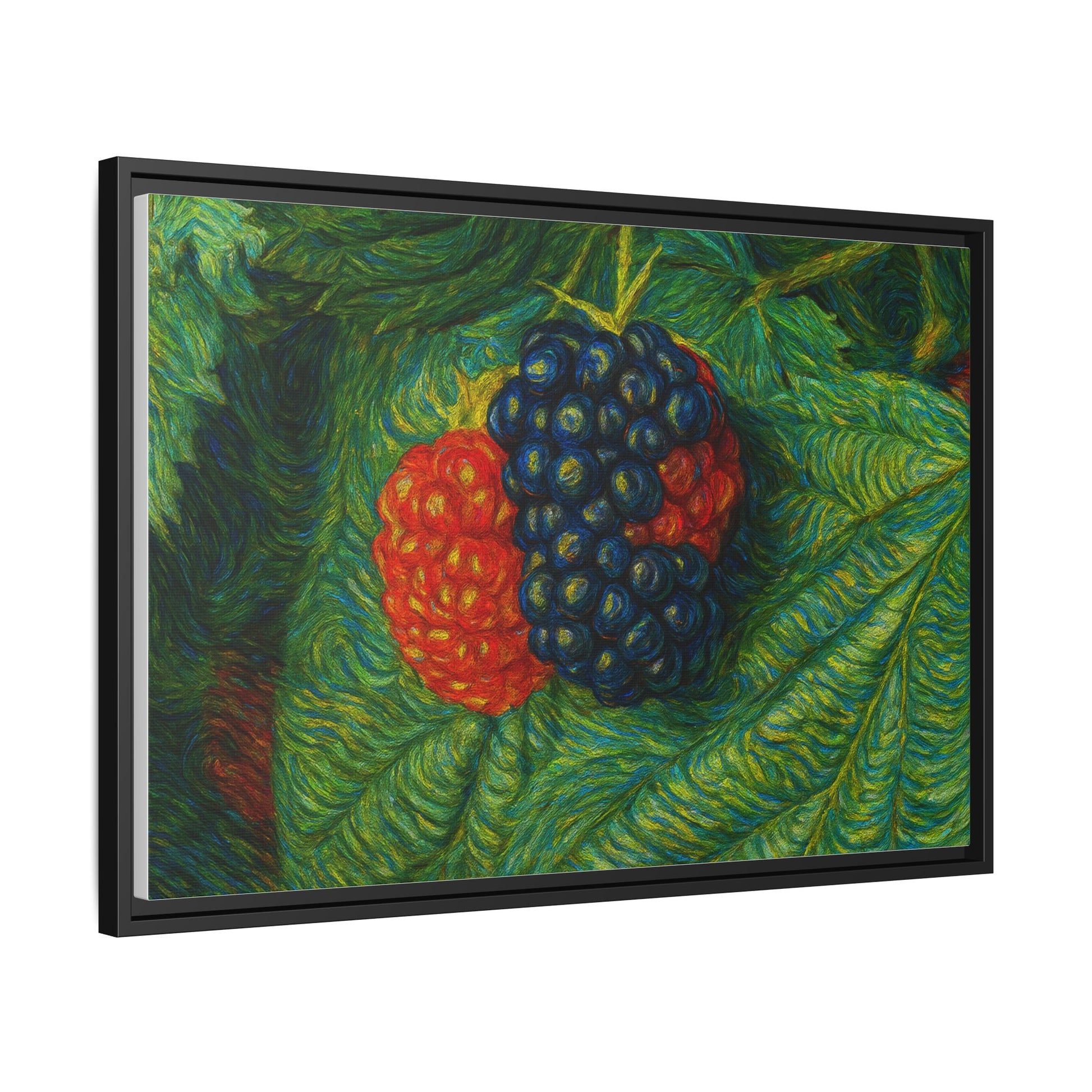 Framed canvas print of a blackberry still life artwork by Printify, featuring detailed blackberries on a textured canvas background.